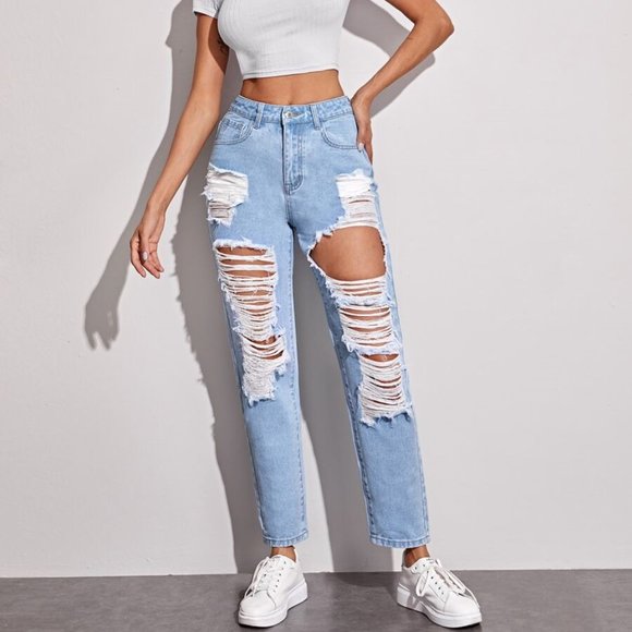 SHEIN Denim - SHEIN Light Wash Ripped Boyfriend Jeans
